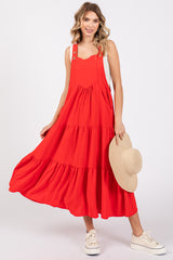 Red Button Sling Tiered Midi Dress