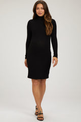 Black Ribbed Mock Neck Maternity Dress