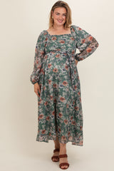 Light Olive Floral Long Sleeve Maternity Plus Maxi Dress