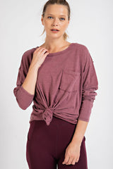 Burgundy Mineral Wash Front Pocket Long Sleeve Maternity Top