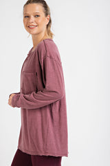 Burgundy Mineral Wash Front Pocket Long Sleeve Top