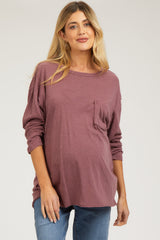 Burgundy Mineral Wash Front Pocket Long Sleeve Maternity Top