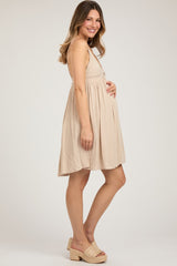 Beige Sleeveless Deep V-Neck Maternity Dress