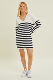 Ivory Striped Collared Long Sleeve Sweater Dress