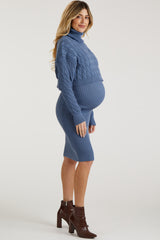 Light Blue Cable Knit Crop Sweater Maternity Dress Set