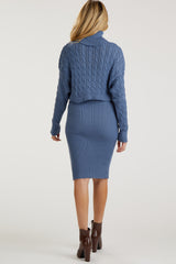 Light Blue Cable Knit Crop Sweater Maternity Dress Set