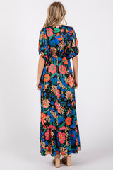 Black Floral Satin Deep V-Neck Puff Sleeve Maxi Dress