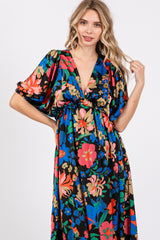 Black Floral Satin Deep V-Neck Puff Sleeve Maxi Dress