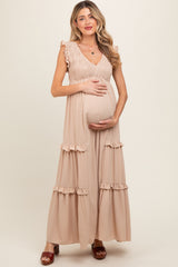 Beige Smocked Ruffle V-Neck Maternity Maxi Dress