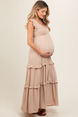 Beige Smocked Ruffle V-Neck Maternity Maxi Dress