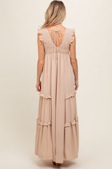 Beige Smocked Ruffle V-Neck Maternity Maxi Dress