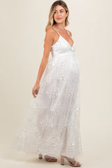 Ivory Floral Lace Overlay Maternity Maxi Dress