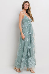 Mint Green Floral Lace Overlay Maxi Dress