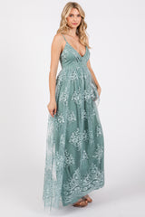 Mint Green Floral Lace Overlay Maxi Dress