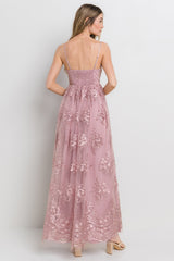 Mauve Floral Lace Overlay Maxi Dress