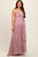 Mauve Floral Lace Overlay Maternity Maxi Dress