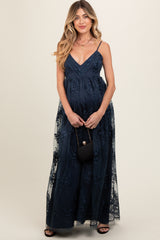 Navy Floral Lace Overlay Maternity Maxi Dress