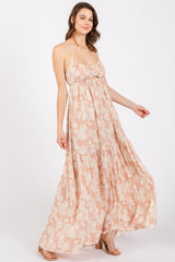 Light Pink Foral Front Cutout Open Cross Back Maxi Dress