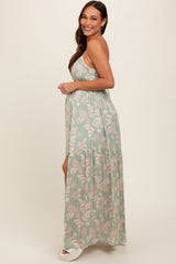 Light Olive Foral Front Cutout Open Cross Back Maternity Maxi Dress