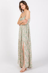 Light Olive Foral Front Cutout Open Cross Back Maxi Dress