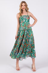 Green Satin Square Neck Ruffle Tiered Maternity Midi Dress