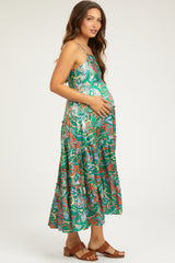 Green Satin Square Neck Ruffle Tiered Maternity Midi Dress