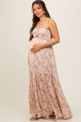 Light Pink Floral Sweetheart Smocked Front Cutout Maternity Maxi Dress