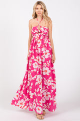 Fuchsia Floral Halter Neck Maternity Maxi Dress