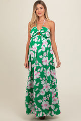 Green Floral Halter Neck Maternity Maxi Dress