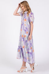 Lavender Floral Button Front Short Sleeve Tiered Midi Dress