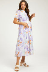 Lavender Floral Button Front Short Sleeve Tiered Maternity Midi Dress