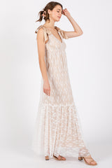 Beige V-Neck Satin Tie Lace Overlay Maxi Dress