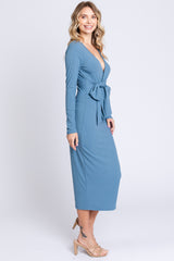 Blue Ribbed Long Sleeve Wrap Dress