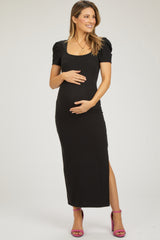 Black Ribbed Square Neck Side Slit Maternity Dress