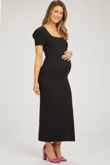 Black Ribbed Square Neck Side Slit Maternity Dress