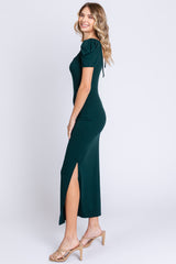 Hunter Green Ribbed Square Neck Side Slit Dress