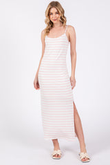 Light Pink Striped Knit Side Slit Sleeveless Maternity Midi Dress