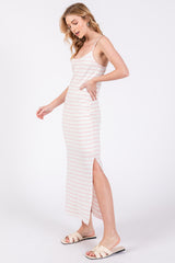 Light Pink Striped Knit Side Slit Sleeveless Midi Dress