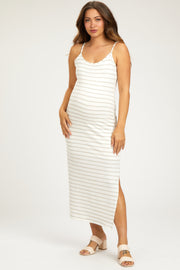 Mocha Striped Knit Side Slit Sleeveless Maternity Midi Dress