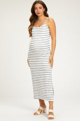 Navy Blue Striped Knit Side Slit Sleeveless Maternity Midi Dress