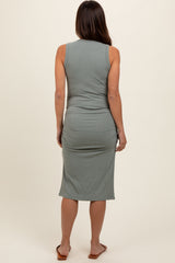 Olive Sleeveless Ribbed Ruched Maternity Dress