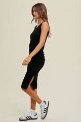 Black Sleeveless Ribbed Ruched Dress