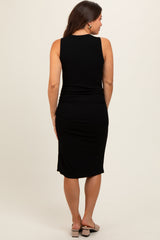 Black Sleeveless Ribbed Ruched Maternity Dress