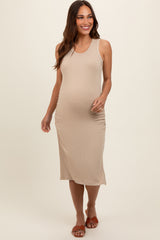 Taupe Sleeveless Ribbed Ruched Maternity Dress