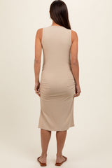 Taupe Sleeveless Ribbed Ruched Maternity Dress