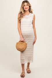 Beige Crochet Knit Sleeveless Maternity Midi Dress