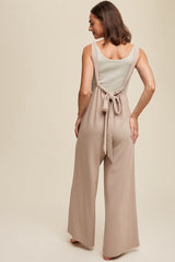 Beige Ribbed Drawstring Wide Leg Jumpsuit