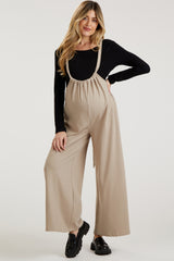 Beige Ribbed Drawstring Wide Leg Maternity Jumpsuit