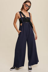 Navy Ribbed Drawstring Wide Leg Jumpsuit