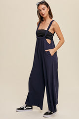 Navy Ribbed Drawstring Wide Leg Jumpsuit